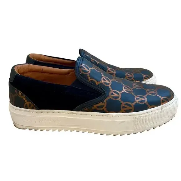 Valentino Regina Leather Suede Slip-On Sneaker Women Sz 8 Monogram Platform Shoe - Picture 2 of 7